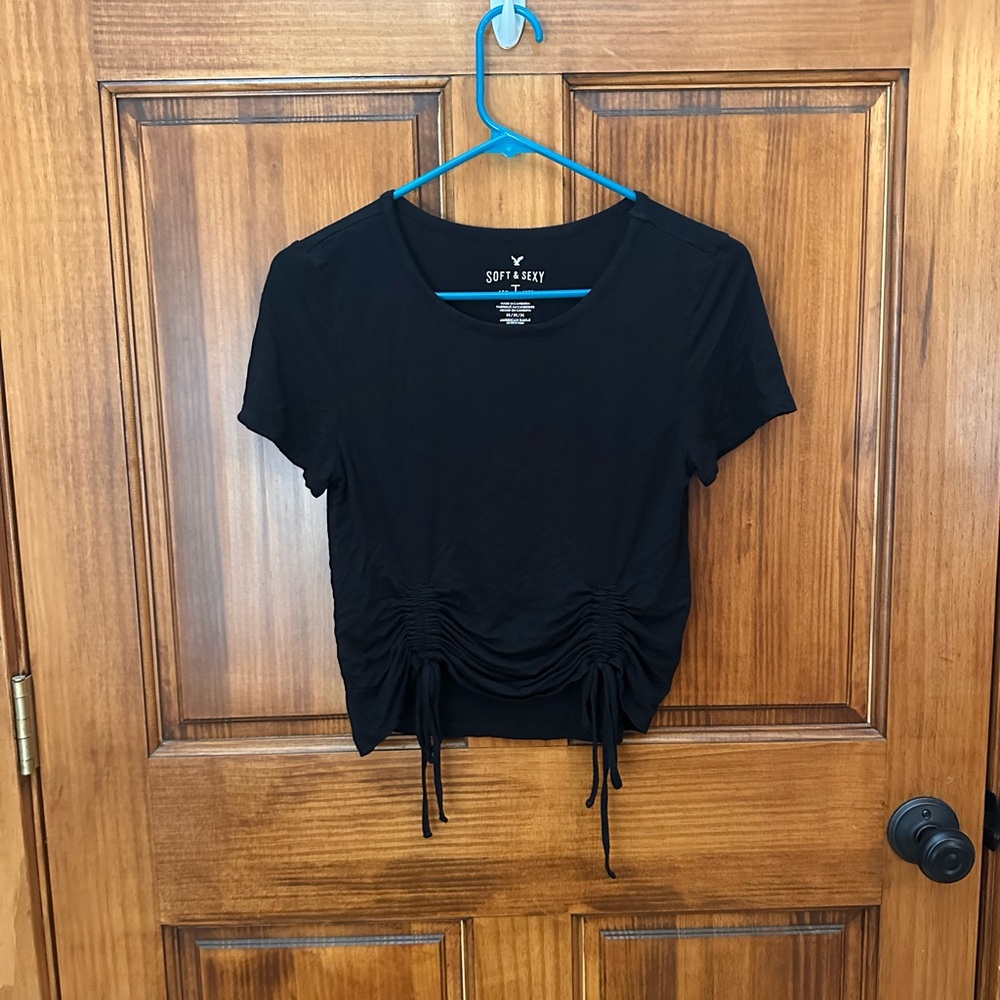 American Eagle Outfitters Black Ruched Short Sleeve Tee